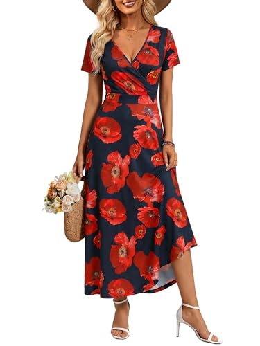 Image of HUHOT Women's Short Sleeve Wrap V Neck Dresses for Wedding Guest Summer Floral Maxi Sundresses with Pockets Boho Dress