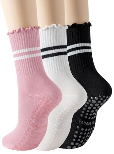 Yawlsow Pilates Socks for Women Cute Ruffle Yoga Socks Frilly Barre Non Skid Athletic Crew Grip Sticky Socks Workout Hospital1