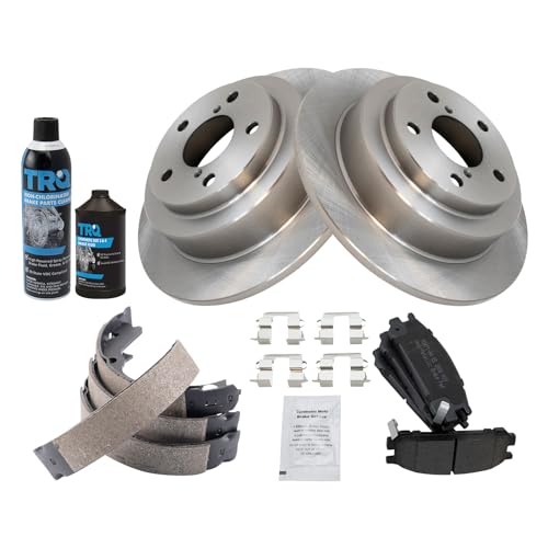 Image of TRQ Rear Brake Pad & Rotor Kit, with Chemical Kit Parking Brake Shoe Set Semi-Metallic Compatible with 1993-1999 Subaru Impreza 1995-1999 Legacy