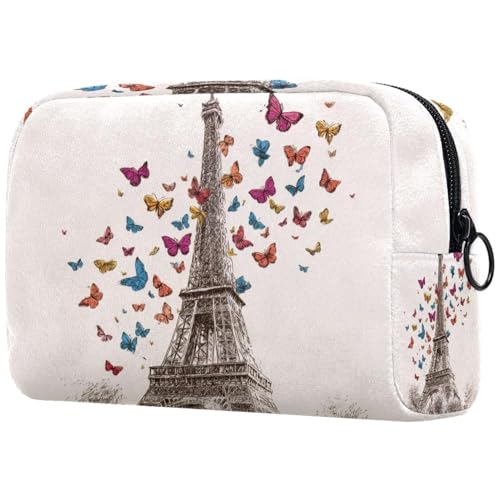 Trousse per cosmetici da donna, con farfalle Torre Eiffer, borsa da viaggio per articoli da toeletta grande, pratica borsa organizer con cerniera