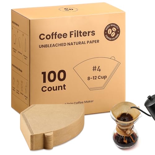 AOZITA #4 Cone Coffee Filters 8-12 Cup, 100 Count Unbleached Natural Coffee Paper Filters, No Blowout, Disposable Coffee Filter for Pour Over and Drip Coffee Maker
