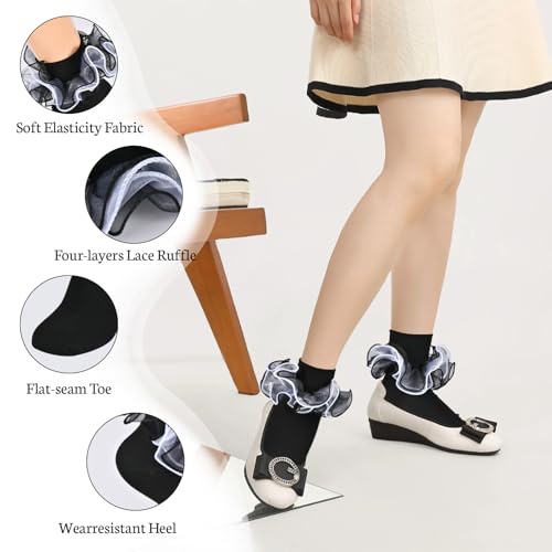 Image of Women White Ruffle Socks Turn Cuff, Double Lace Ankle Socks Cotton Lace Frilly for Ladies(Size 6-11, 3 Pairs)