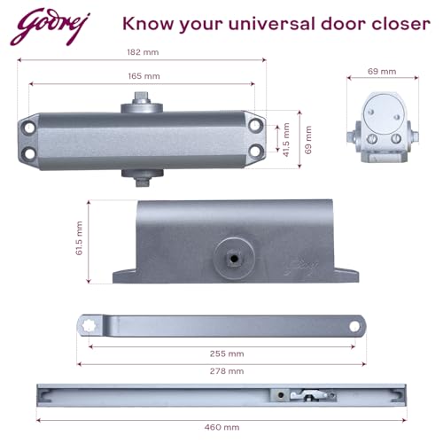 Image of Godrej Door Closer | Cerus Universal Door Closer | Door Weight Capacity : 85kg to 120kg | Max Door Width: 950mm - 1400mm | Adjustable Power Size 3-6 | Pelmet Arm Design | Silver | 3 Yr Warranty