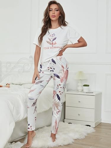 Image of TAGAS Women's Looper Fabric Night Suit Set - Soft Short Sleeve Printed Top with Floral Pajama Pants - Breathable Lightweight 2-Piece Sleepwear & Loungewear Set for Ladies