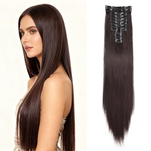 Image of JIAMEISI 22 Inch Clip in Hair Extensions Long Straight Hair Extensions Clip in 12Pcs Synthetic Fiber Full Head Clip in Hairpieces for Women Double Weft 2/33 Black mixed Dark Brown