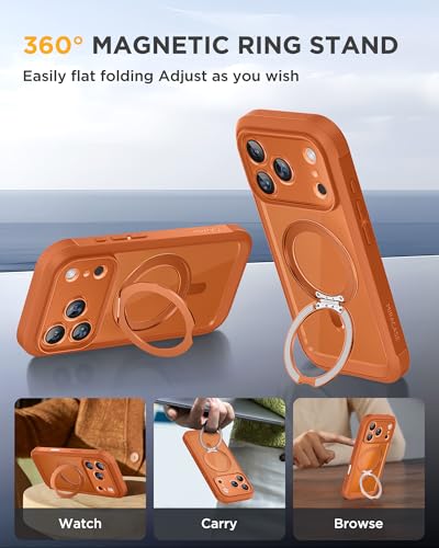 Image of Miracase for iPhone 17 Pro Max Case with 360 Magnetic Ring Stand [Compatible with Magsafe] Full-Body Drop Proof Bumper Phone Case with Built-in 10H Tempered Glass Screen Protector,Orange