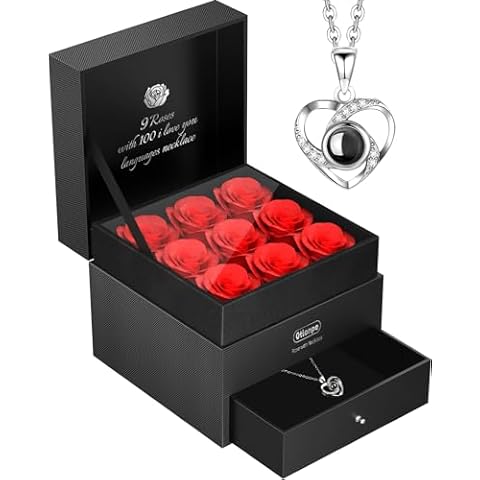 Otlonpe Forever Artificial Rose Preserved Flower - Christmas, Valentines Day, Anniversary, Birthday Gifts for Women Her Wife Girlfriend Mom, 9 Roses Flowers with I Love You Necklace in Jewelry Box Cover