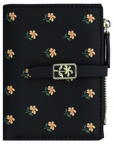 Cute Black Small Wallets Coin Purse Minimalist Flower Design Women's Travel Wallets Leather Credit Card Holder with ID Window Kawaii Cash Wallet for Women