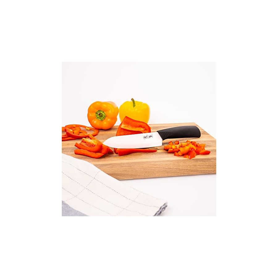 Serrated Black Ceramic Knife Set with 5" Serrated Knife. Includes 3”, 4”, 5”, 6” Ceramic Knives, Matching Sheaths and a Matching Vegetable Peeler in a Black Gift Box