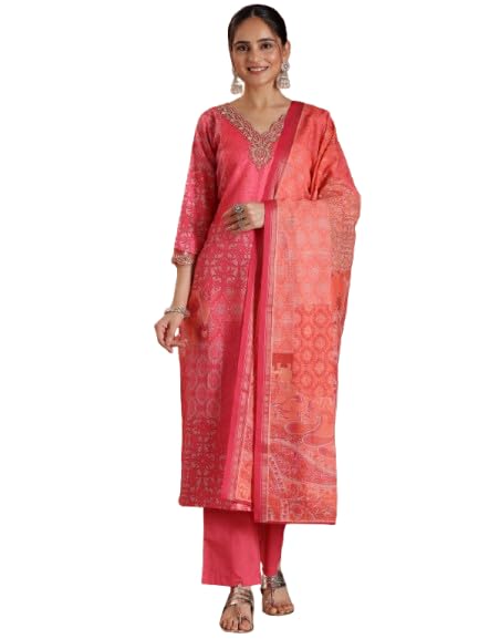 Libas Womens Printed Linen Straight Kurta With Trousers and Dupatta | daily wear suit