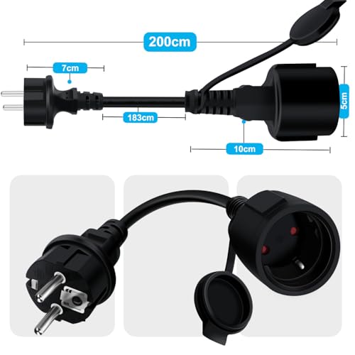 YINGAYOU Przedłużacz Schuko krótki 16 A 250 V Przedłużacz z wtyczką z uziemieniem Schuko Krótki przedłużacz zewnętrzny 2 AC do gniazdka IP44 do użytku zewnętrznego lub wewnętrznego (Czarny, 2 m)