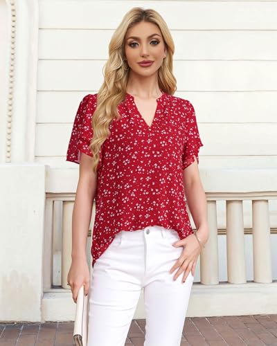 Lotusmile Womens Dressy Chiffon Blouses Summer Puff Petal Short Sleeve Shirts V Neck Casual Work Tops4