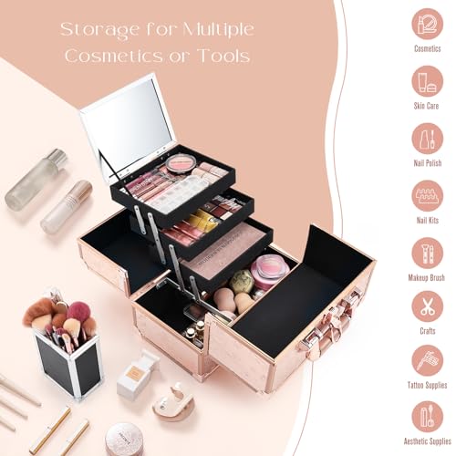 FRENESSA Makeup Train Case 11.8 Inch Extra Large Makeup Organizer Case 3 Trays with Mirror Cosmetic Travel Storage Box for Makeup Artist Nail Art Tech Sewing Supplies Travel Case Rose Gold Floral - Thumbnail 2