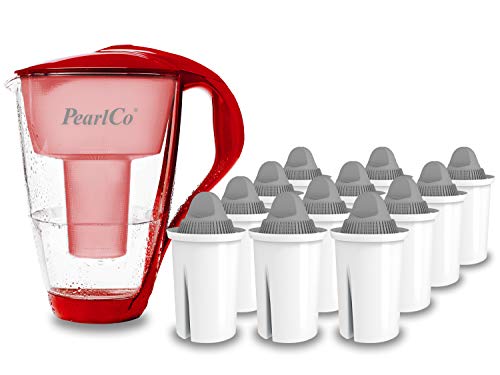 PearlCo - Filtro de Agua de Vidrio (Rojo) con 12 Cartuchos de Filtro Protect+ Classic - Adecuado para Brita Classic Cover
