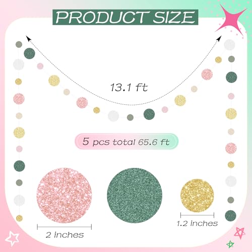 Image of Outus 5 Pieces Colorful Circle Garland Banner Hanging Paper Dot Decorations for Classroom, Birthday Party, Baby Shower, Wedding Backdrop & Photo Booth Graduation Decor (Sage Green,Pink,Gold)