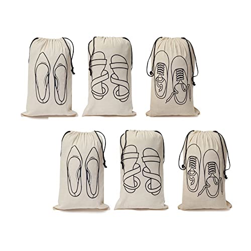 IVILLAGE Premium Reusable and Washable 100% Pure Cotton Fabric Shoe Covers/Bags with Drawstring Closure|Handcrafted Doodle Collection| Ideal for Travel, Home and Storage|Pack of 6|Off-White|Female