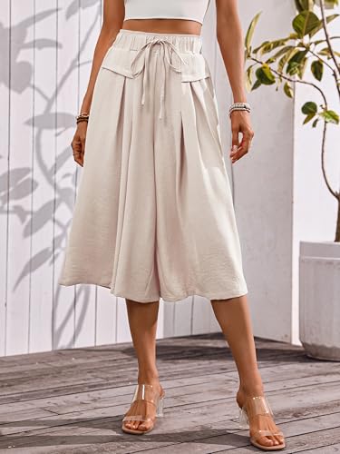 Wide Leg Capris Pants for Women Flowy Summer Casual Elastic Waist Cropped Pants Lounge Palazzo Trousers with Pocket2