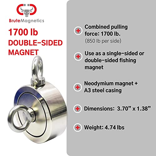 Brute Magnetics 1700 Lb Magnet Fishing Kit | Includes Double Sided Rare Earth Neodymium Magnet, Waterproof Carry Case, 65Ft Rope With Heavy Duty Carabiner, Gloves, And Threadlocker #TOP1