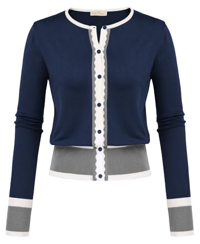 Navy and Gray Color Block Cropped Cardigan