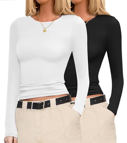Ekouaer Womens Long Sleeve Shirts Fitted Tops Stretchy Base Layer Basic Tight Thermal Undershirt Black/White S