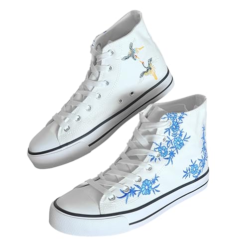 Women's Canvas High Top Embroidered Sneakers, Lace Up, White with Blue Floral Embroidery3