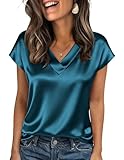 Zeagoo Womens Summer Tops Cap Short Sleeve V Neck Shirts Elegant Satin Sill Blouses Business Work Tunic Tee Tshirts Blue Green