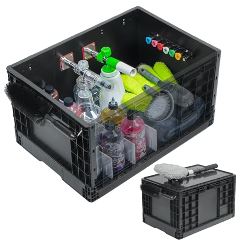 STEHEMO Wash and Garage Organizer Box, Foldable Plastic Crates for Foam Cannon with 1/4 Inch Quick Connector, Large Detail Car Care Box, Trunk Organizer for SUVS Sedans