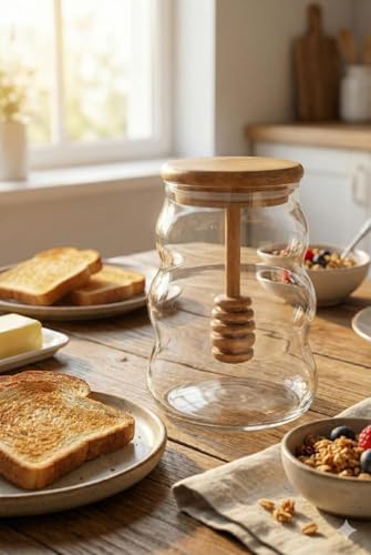 Image of SUANI Air Tight Honey Glass Jar with Wooden Dipper and Bamboo Lid | Transparent Borosilicate Honey Jar | Odor Free Honey Jar, (500ml) (Pack Of 2)