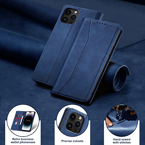 Image of Jasonyu Flip Wallet Case for iPhone 14 Pro 5G,Leather Magnetic Folio Cover with Card Holder,Kickstand - TPU Shockproof Durable Protective Phone Case,Blue