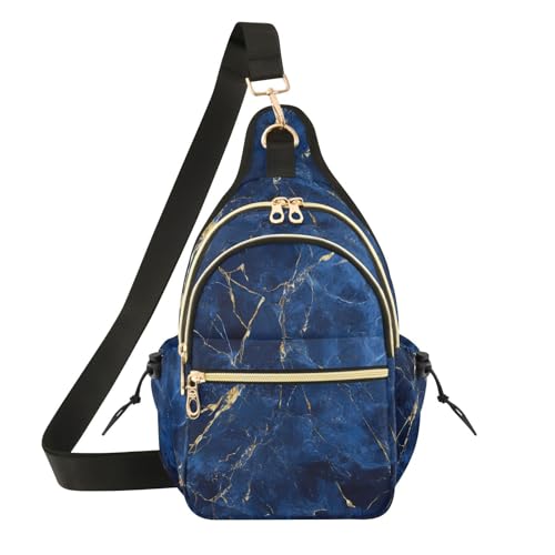 Sac banane à bandoulière femme avec sangle réglable motif marbre bleu et doré