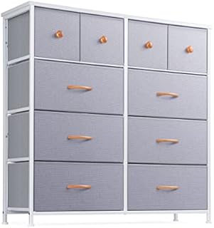 Nicehill Dresser for Bedroom with 10 Drawers, Storage Drawer Organizer, Tall Chest of Drawers for Closet, Clothes, Kids, Baby, Living Room, Wood Board, Fabric Drawers (Light Grey)