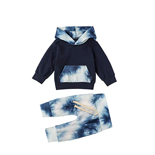 Toddler Baby Boy Casual Outfits Kangaroo Pocket Hoodie Tops Pants Long Sleeve Fall Winter Clothes Set (Dark Blue-Tie Dye Pants, 18-24 Months)