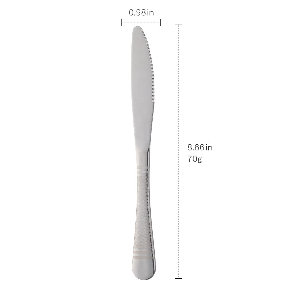 Qiborun Hammered Dinner Knives, 12-piece Stainless Steel Dinner Knives, Steak Knives, Titanium Utensils Table Knives Stainless Steel Silverware Set, Modern Knives, 8.6 Inches Mirror-Polished -Silver