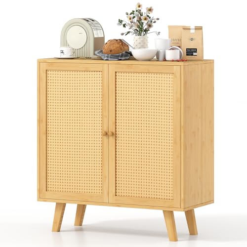 GIANTEX Aparador de Cocina de Bambú con 2 Puertas Decoradas de Ratán, 80 x 34,5 x 85 cm, Armario de Almacenamiento 2 Niveles, Estilo Bohemio, Mueble para Comedor, Salón, Dormitorio