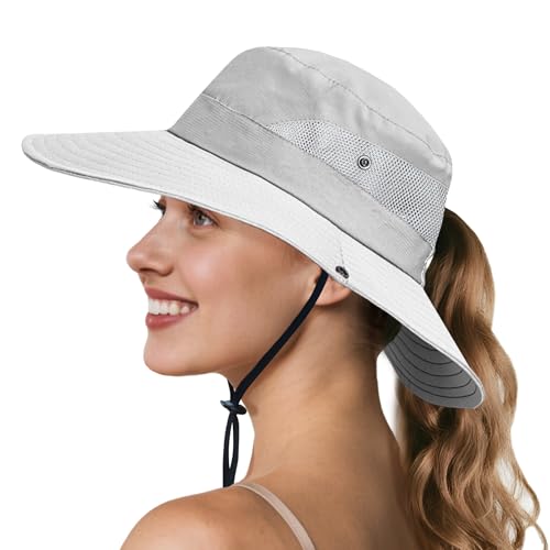 Image of NPQQUAN Ponytail Sun Hats for Women UPF 50+ Wide Visor UV Protection Packable Hat for Beach Hiking Gardening