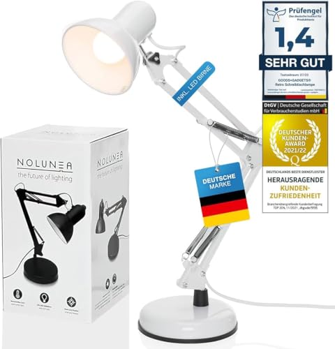 Preisvergleich Produktbild GOODS+GADGETS Retro Arbeitsplatzlampe Leselampe Schreibtischlampe Tischlampe Arbeitsplatz-leuchte Schreibtisch-Leuchte Nachttischleuchte mit Gelenk-Arm aus Metall inkl. LED Glühbirne Weiß