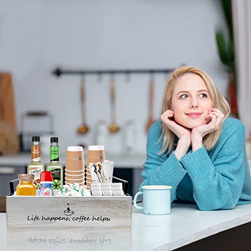 Coffee-Station-Organizer-Farmhouse-Coffee-Bar-Accessories-Organizer-Basket-for-Countertop-Office-Coffee-Station-Wooden-Tray-for-Coffee-Supplies-and-Essentials-Sugar-Syrup-Tea-Rustic-White Coffee Station Organizer Farmhouse Coffee Bar Accessories Organizer Basket for Countertop Office Coffee Station Wooden Tray for Coffee Supplies and Essentials Sugar Syrup Tea Rustic White