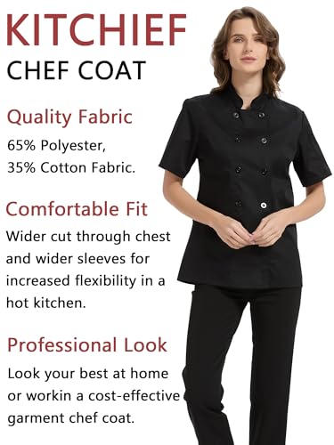 KITCHIEF Chef Coat Women Short Sleeve Lightweight White Chef Jacket Uniform for Women Kitchen,Restaurant,Bakery (Black, M) - Thumbnail 2