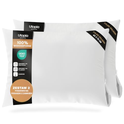 Utopia Bedding Wodoodporna poszewka na poduszkę z zamkiem błyskawicznym, ochraniacz na poduszkę, poszewka z certyfikatem Oeko-TEX (biały, 40 x 70 | 2 szt)