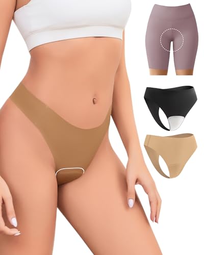 Image of Seamless Workout Thongs for Women - No Show Womens Underwear with Wide Gusset Invisible Panties Nude&Black 2 Pack