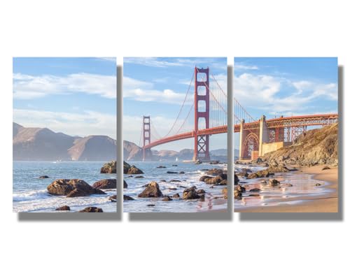 3 Pieces San Francisco California USA Wall Art Golden Gate Bridge Posters Prints On Canvas Baker Beach on a Sunny Day with Blue Sky and Clouds Wall Painting Framed Ready to Hang 12X16X3 INCH