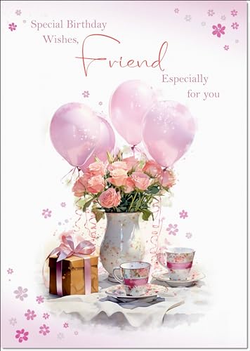 doodlecards Friend Female Birthday Card Tea Party and Balloons Medium Size with Plain Envelope
