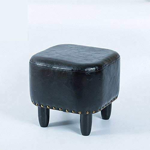 Repose-Pieds Carré en Bois Massif et Cuir Noir pour Salon