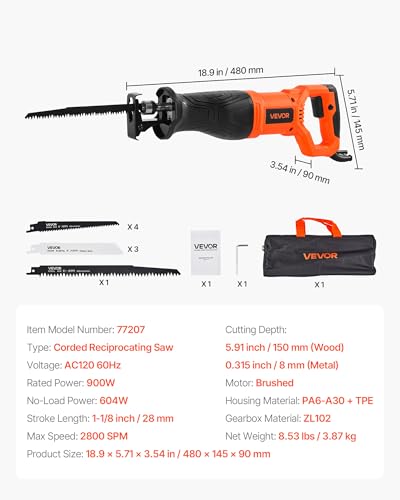 Image of VEVOR 7.5 Amp Corded Reciprocating Saw, 1-1 /8 inch Stroke Length, Power Reciprocating Saw with Variable Speed, 2800 SPM, 8 Blades & Bag Included, for Wood, Metal, and Plastic Cutting