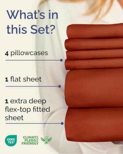 Image of Flex Top Split Head King 6 Piece Sheet Set - Soft & Cooling - Terracotta | Ultra Soft Hotel Luxury Bedding Set w / 8-16 Inch Deep Pockets, 1 Flat & 1 Split-Head Fitted Sheet & 4 Pillowcases, Fade Free