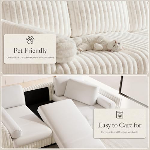 Image of Belffin Plush Corduory Sectional Sleeper Sofa with Wide Deep Seat Modular Sectional Cloud Couches for Living Room. Beige Couch