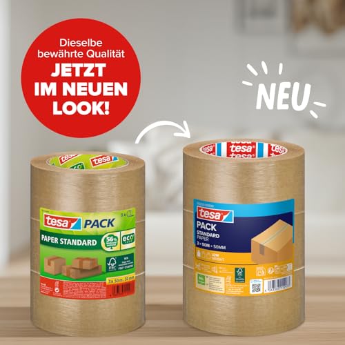 tesa tesapack STANDARD PAPER - Paketklebeband aus Papier - 56 Prozent erneuerbare Materialien - handeinreißbares Klebenband für leichte Pakete - Braun - 3 x 50 m x 50 mm