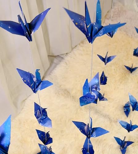 Image of Space Crane Paper Hanging Garlands (3stringsX 5.2ft), Romantic Starry Sky Origami Birds Streamers, Blue Planet Garland for Baby Shower Birthday Party Supplies Boy Bedroom Garden Decor