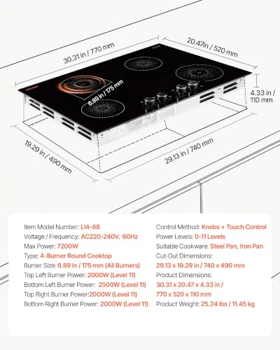 Image of VEVOR Induction Cooktop 30inch 4 Burners Built-in Electric Stove 220V 7200W, Low-Power Continuous Heating, Induction Burner for Kitchen, with 11 Power Levels, Knob Control, and Child Lock