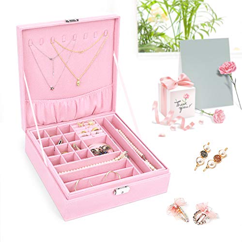 Mosiso Jewelry Box, Jewelry Storage Case Organizer Stackable Double Layer Lockable Display For Women Velvet Necklace Earring Bracelet Ring Watch Brooch Holder, Pink #TOP6